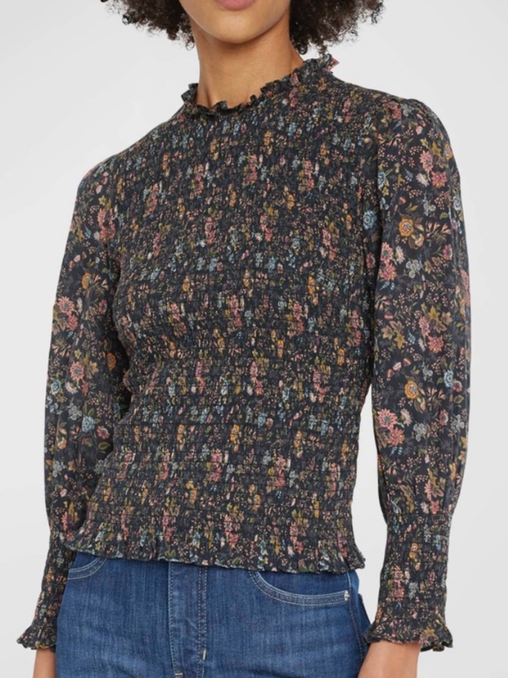 Veronica Beard Kali Smocked Top in Black Multi Floral Size 2 100% Cotton